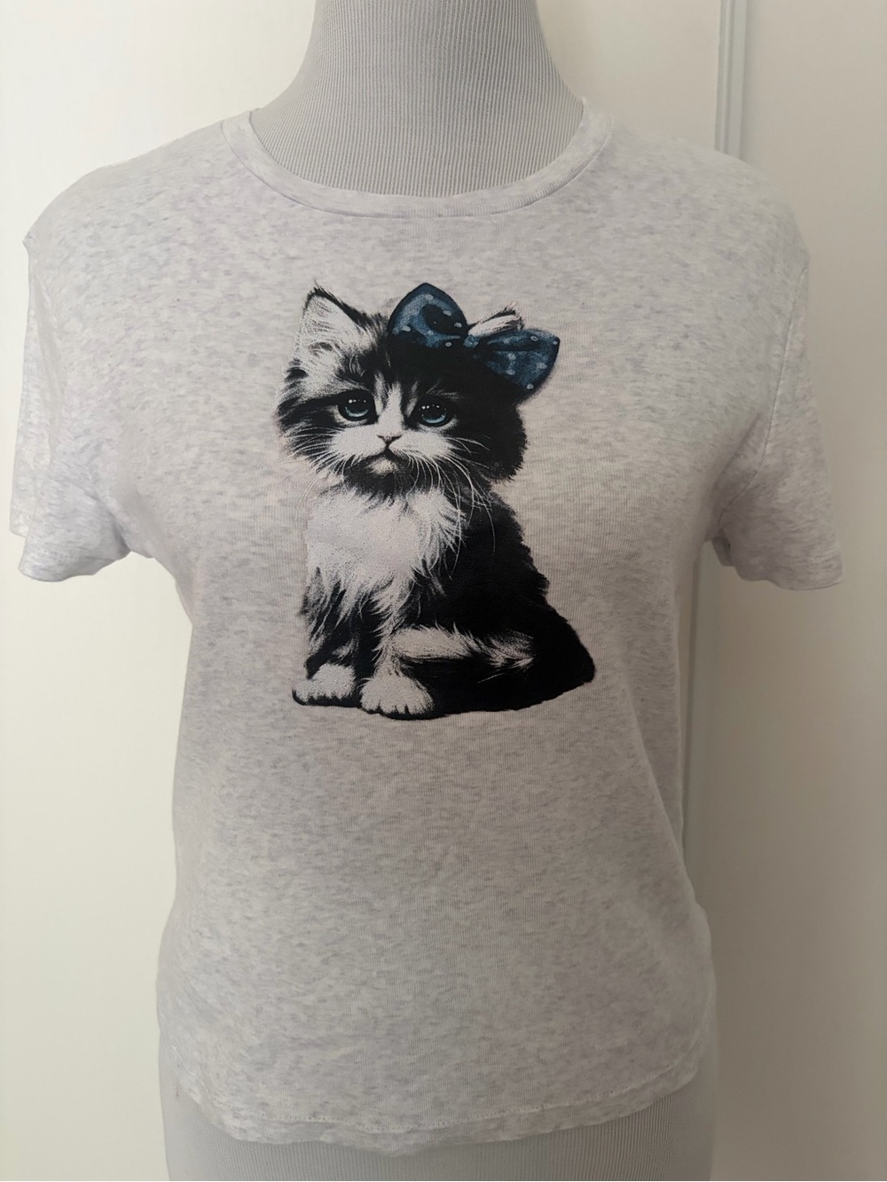 Lucky Brand Gray Tee with Black-and-White Kitten and Blue Bow